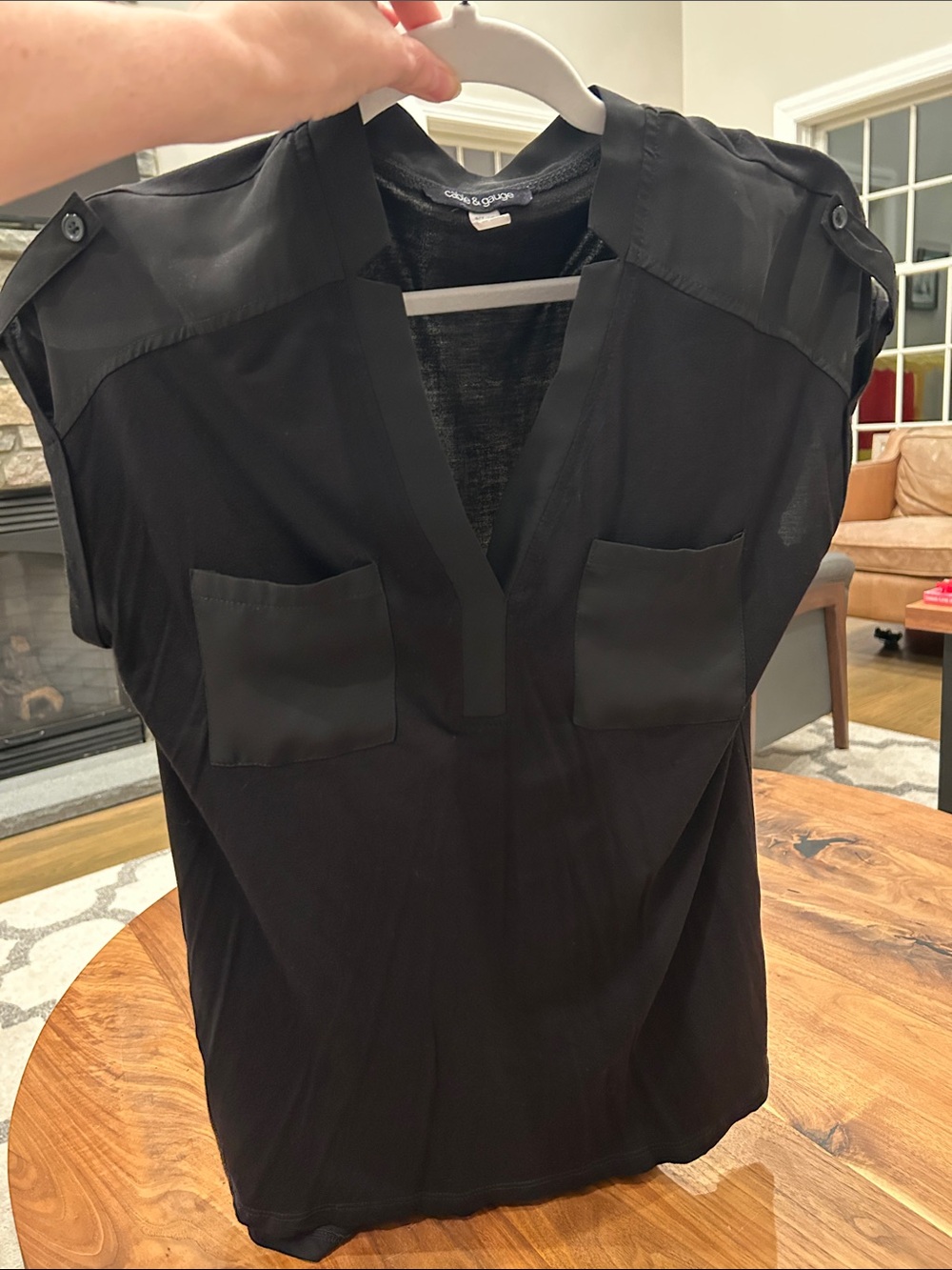 Cable & Gauge Black Split-Neck Cap-Sleeve Blouse